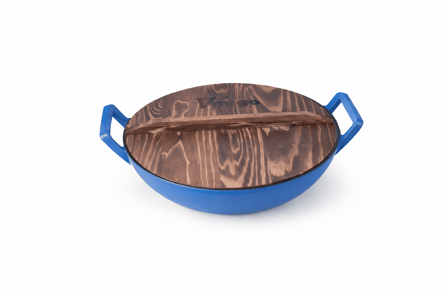 Enamel Cast Iron Wok with Wooden Lid - Image 4