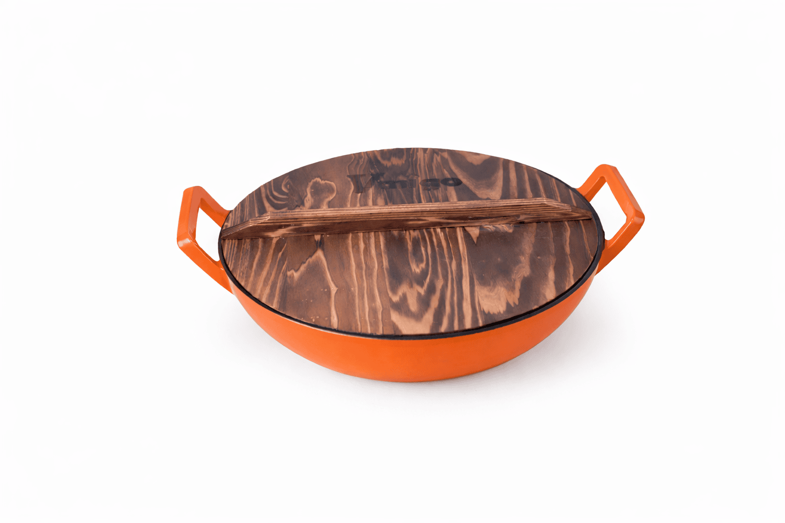 Enamel Cast Iron Wok with Wooden Lid - Image 6