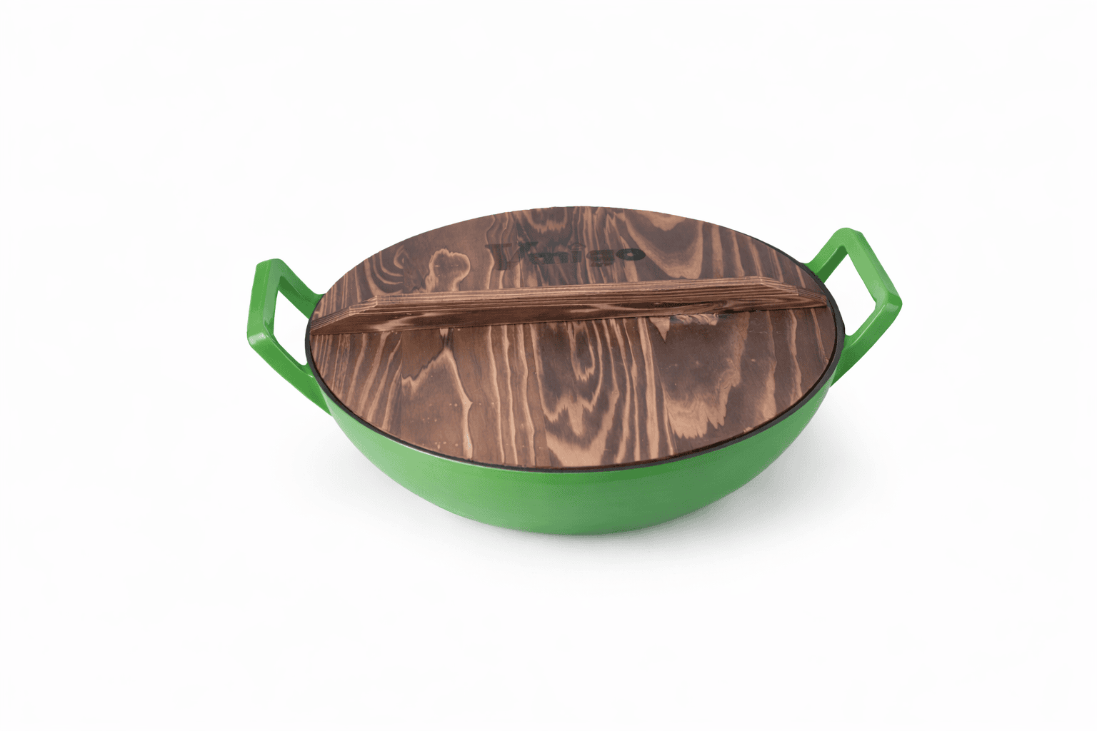 Enamel Cast Iron Wok with Wooden Lid - Image 3