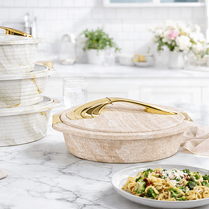 4L+5L+6L 3-Piece Luxury Marble-Patterned Food Warmer Set – Insulated Stainless Steel Casserole Hot Pot with Gold Handles
