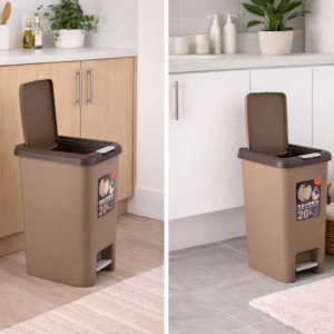 Doubled Covered trash bins with Brown-tone accents.