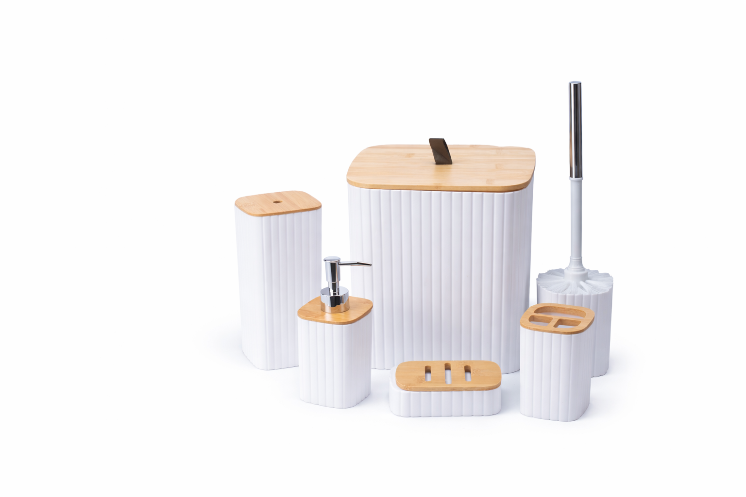6-Piece White & Natural Bamboo Bathroom Accessory Set - Image 2