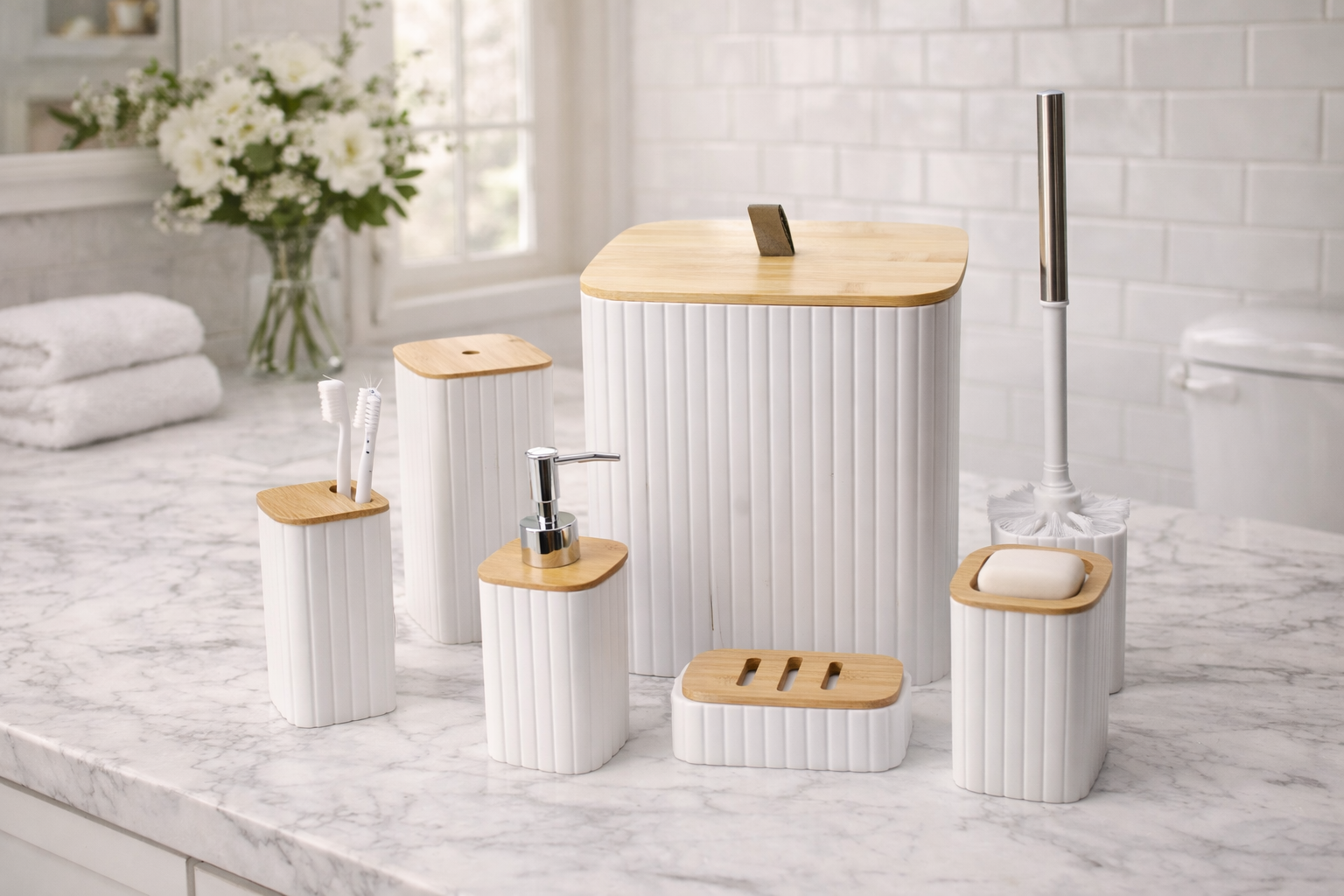 6-Piece White & Natural Bamboo Bathroom Accessory Set