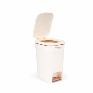 Plastic pedal bins with rose gold-tone accents.