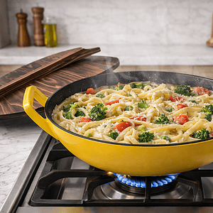 Enamel Cast Iron Wok with Wooden Lid