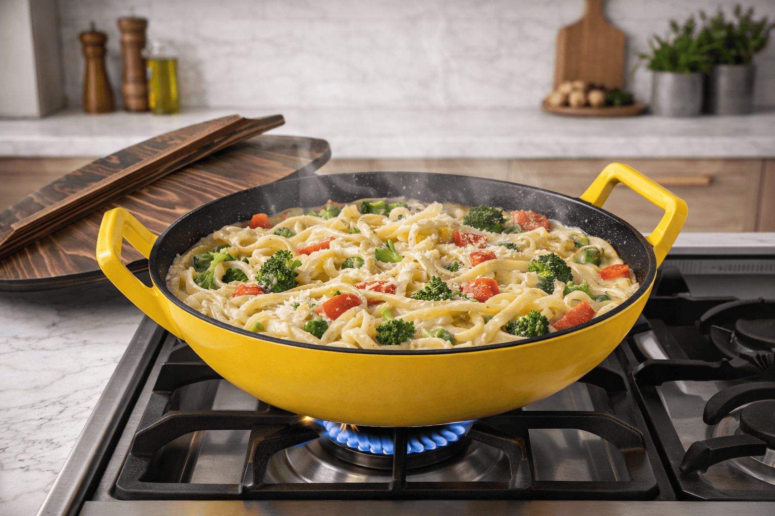 Enamel Cast Iron Wok with Wooden Lid