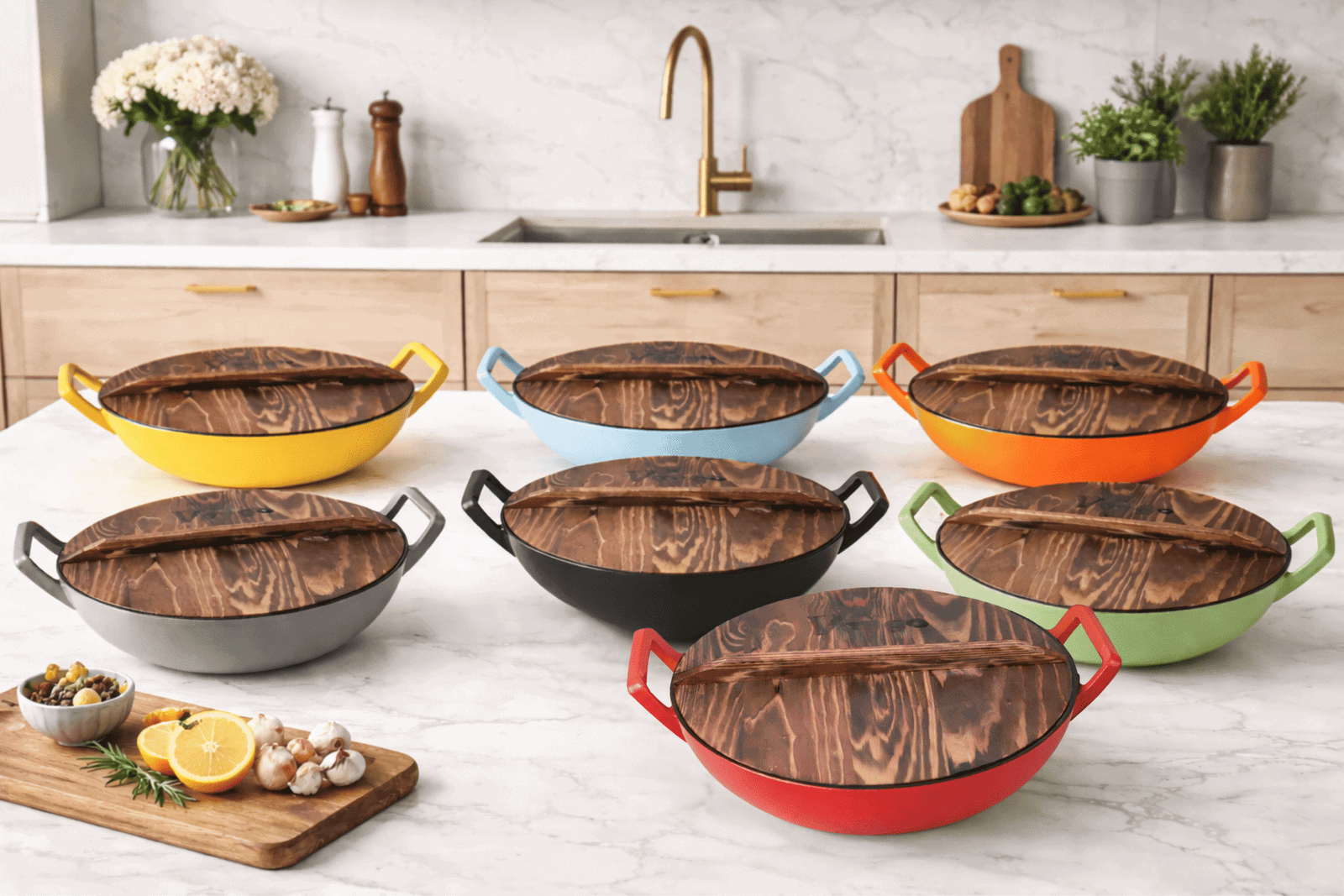 Enamel Cast Iron Wok with Wooden Lid - Image 5