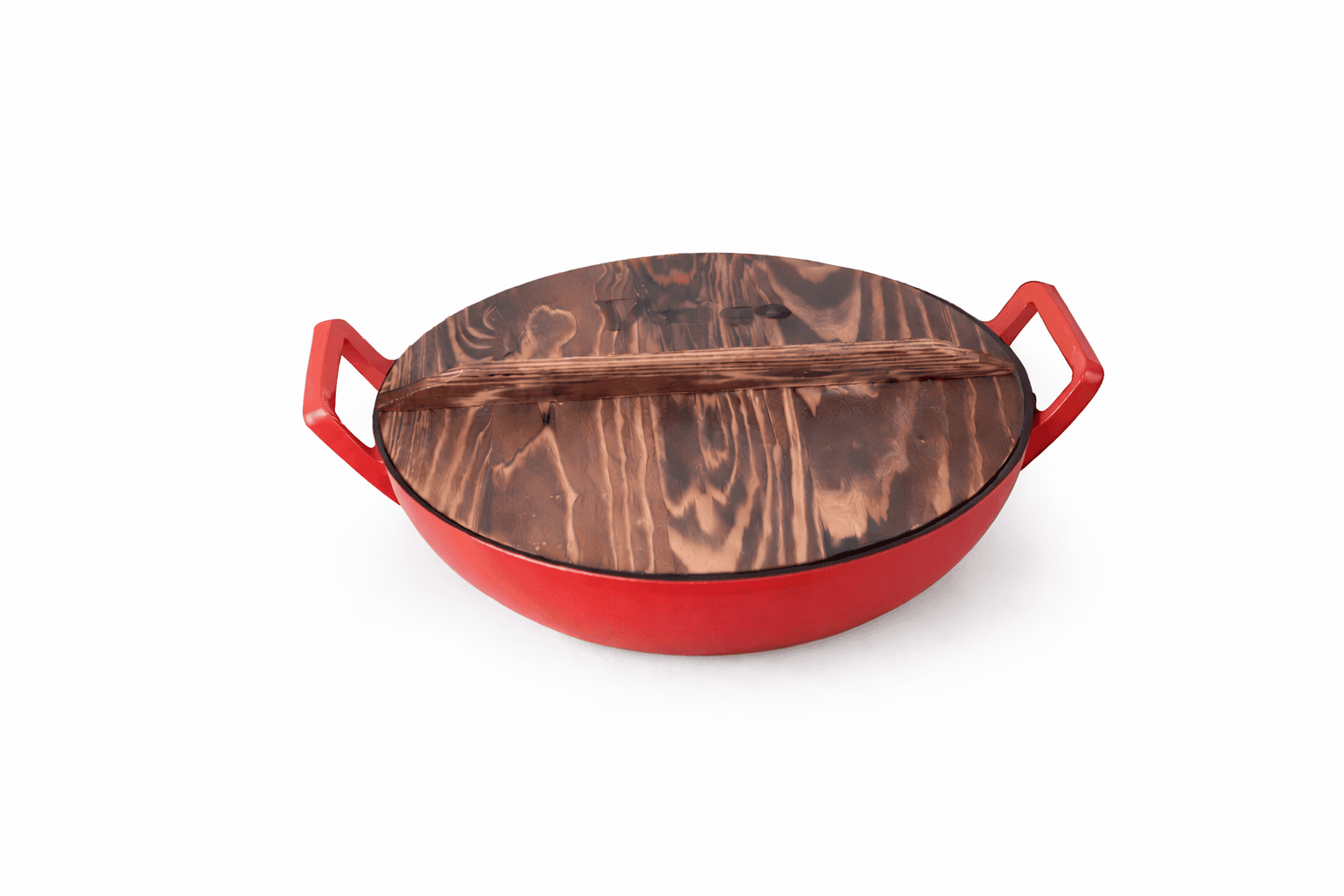 Enamel Cast Iron Wok with Wooden Lid - Image 9