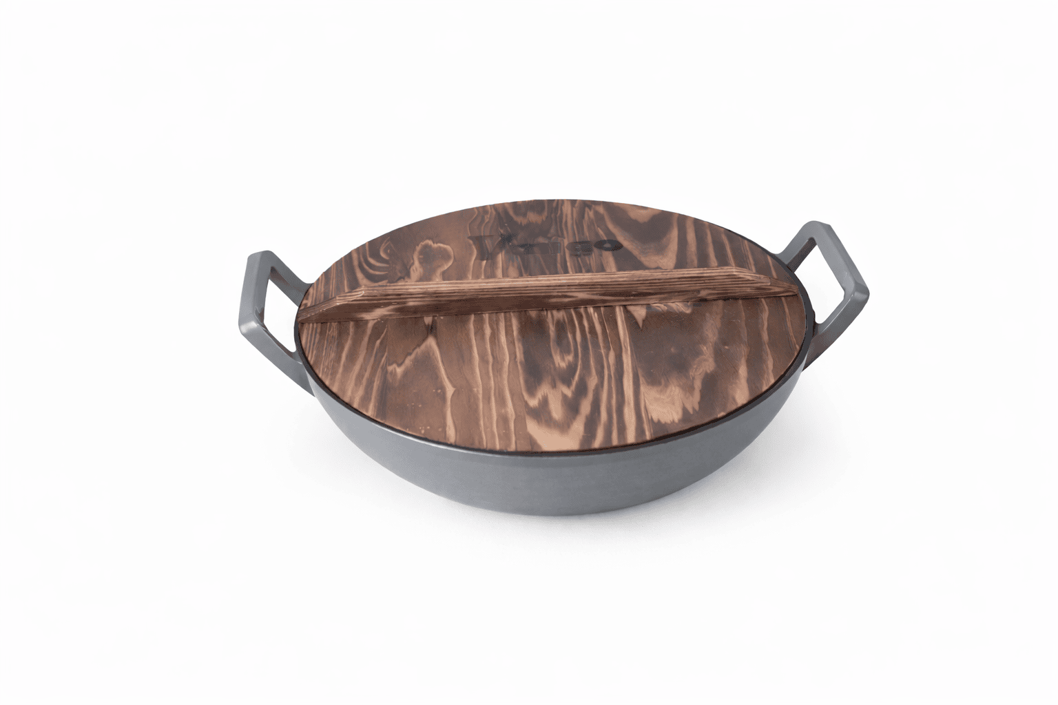 Enamel Cast Iron Wok with Wooden Lid - Image 7