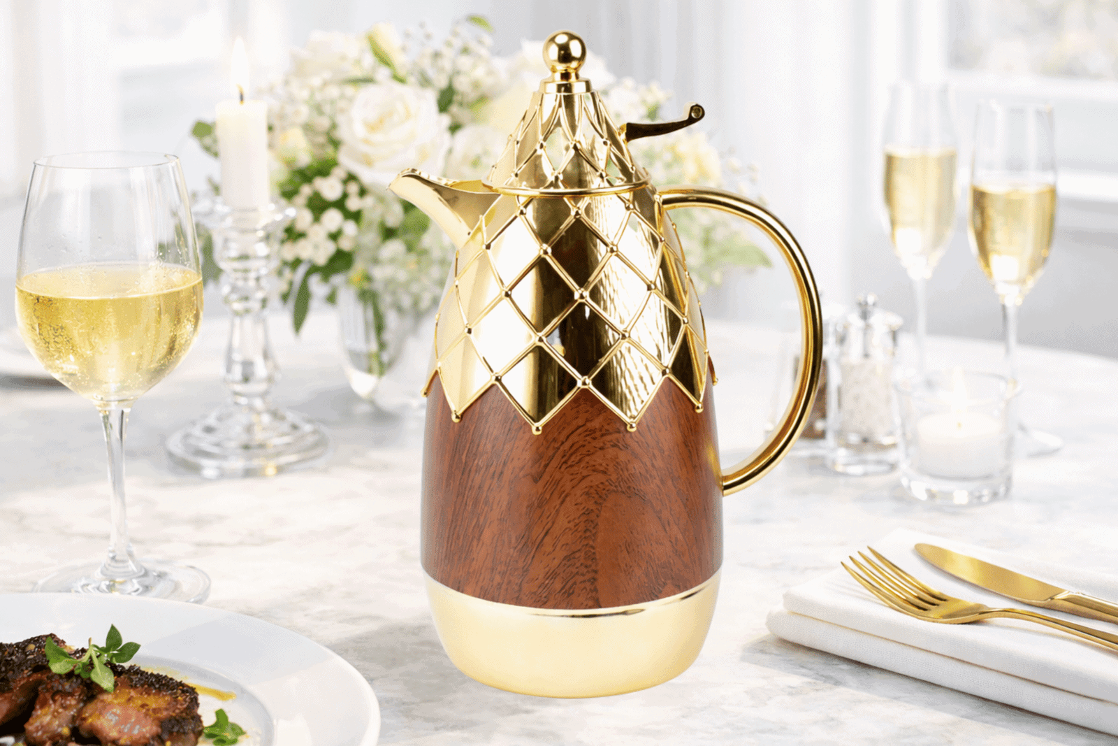 The Dallati Luxury Gold & Wood vacuum flask