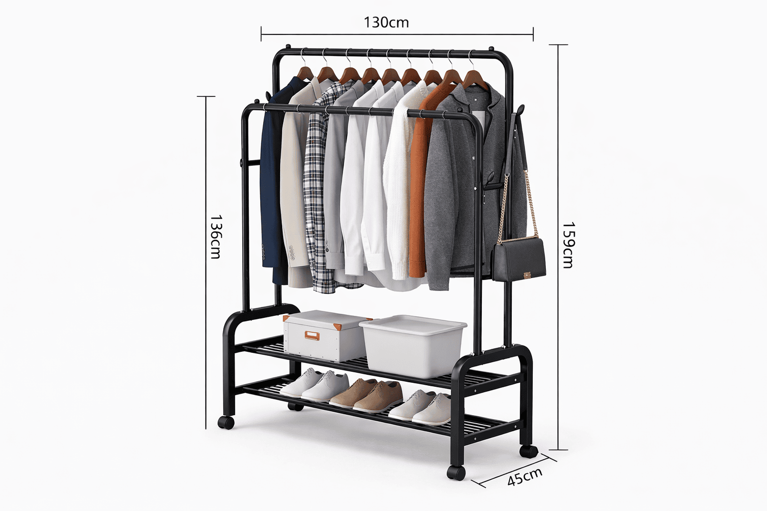 Heavy-Duty Double Rail Rolling Garment Rack – Multi-Functional Clothes Hanger with Shoe Storage & Side Hooks - Image 2