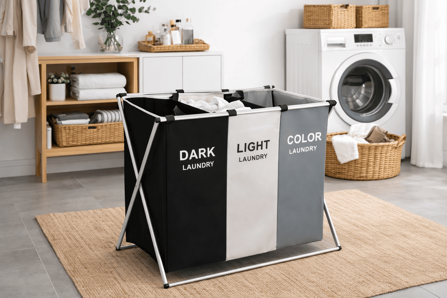 Foldable 3-Compartment Laundry Hamper - Image 2