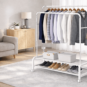 Heavy-Duty Double Rail Rolling Garment Rack – Multi-Functional Clothes Hanger with Shoe Storage & Side Hooks