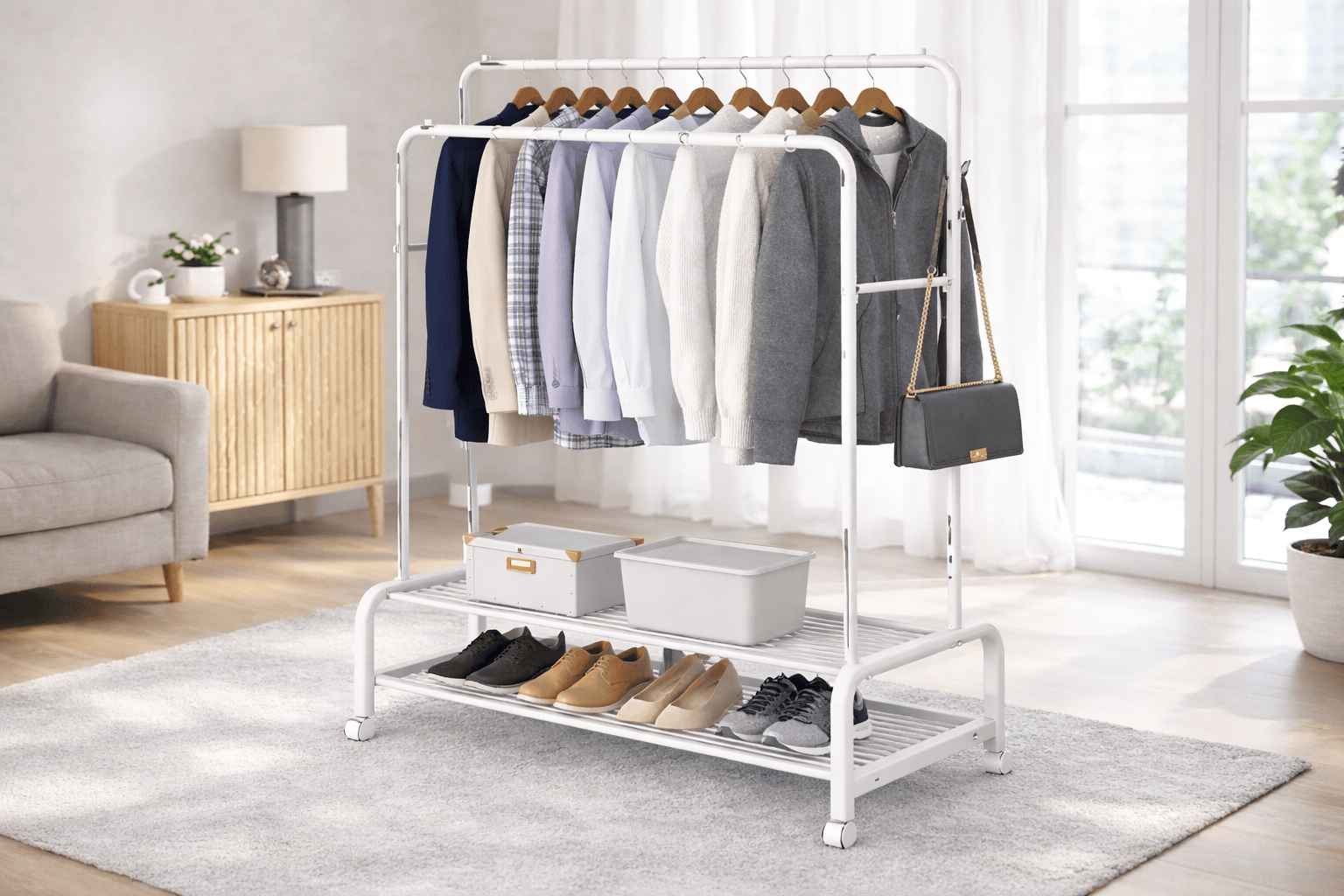 Heavy-Duty Double Rail Rolling Garment Rack – Multi-Functional Clothes Hanger with Shoe Storage & Side Hooks