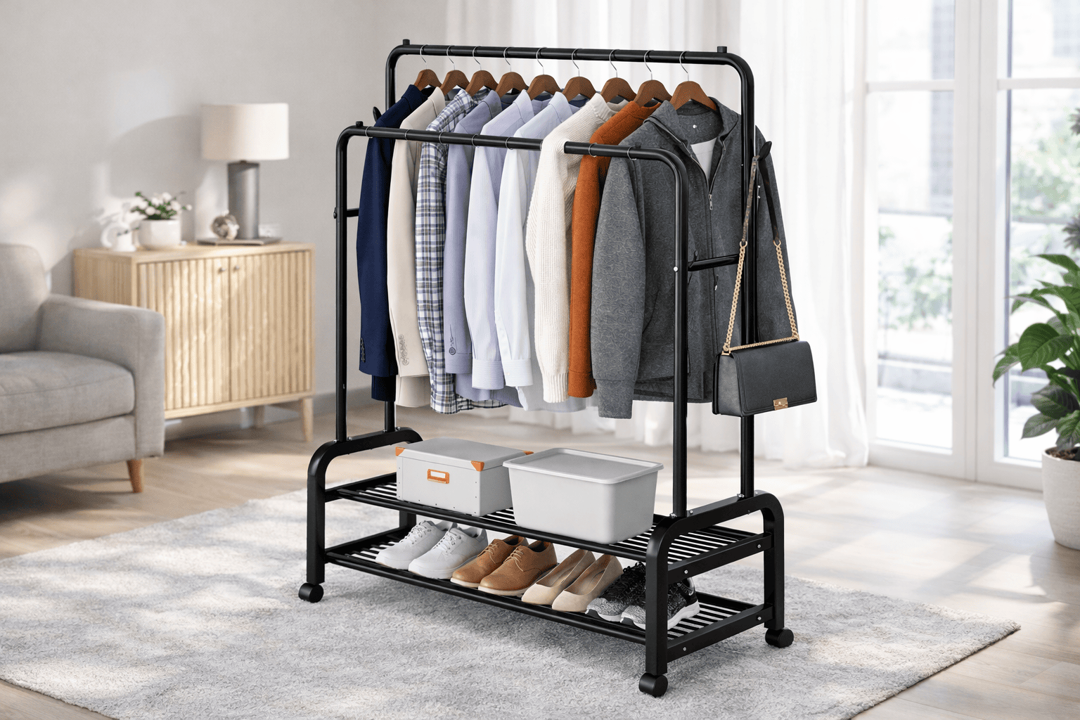 Heavy-Duty Double Rail Rolling Garment Rack – Multi-Functional Clothes Hanger with Shoe Storage & Side Hooks - Image 7