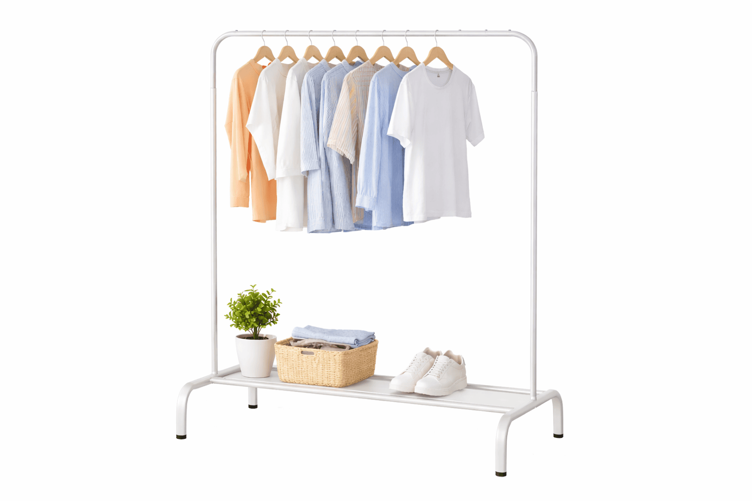 30KG Multifunction Single Pole Drying Rack & Garment Organizer with Bottom Storage