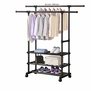 JL-DSG-8647 Double Rail Garment Rack – Heavy-Duty 50KG Load-Bearing Extendable Clothes Hanger with 3-Tier Storage