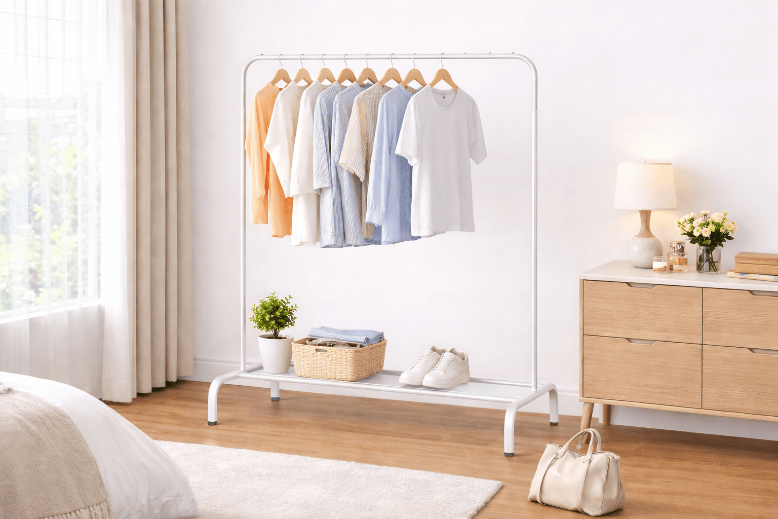 30KG Multifunction Single Pole Drying Rack & Garment Organizer with Bottom Storage - Image 2