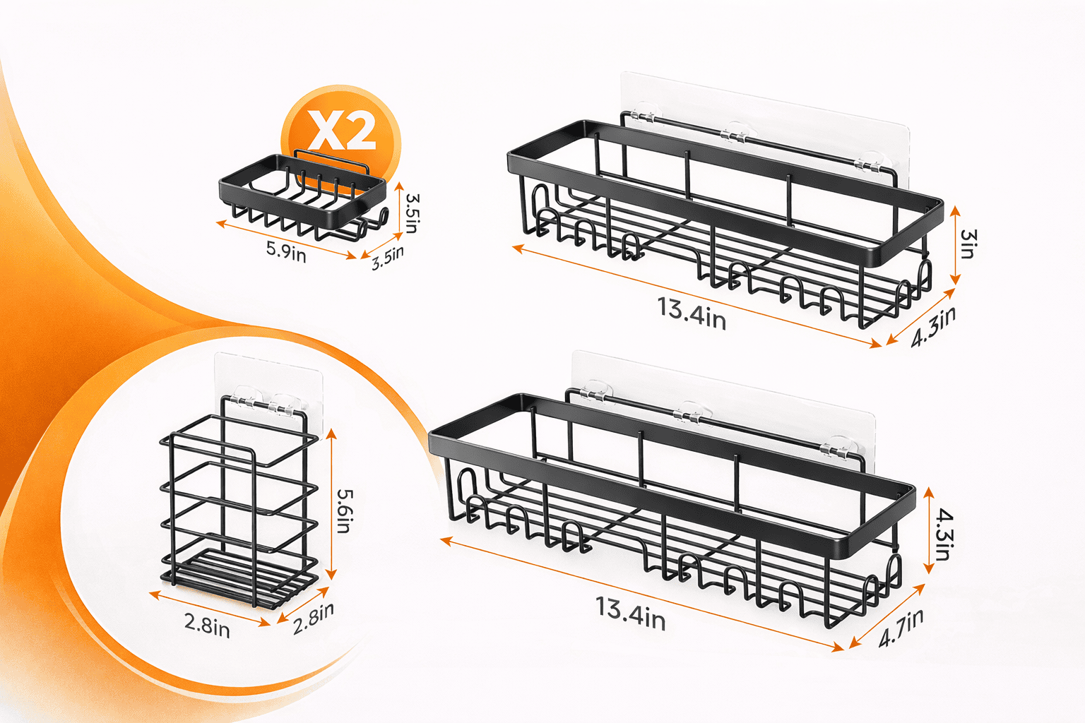 Adhesive Corner Shower Caddy (2-Pack) - Rustproof Stainless Steel Bathroom Organizer - No-Drill Matte Black Shower Shelf for Shampoo, Soap, and Toothbrush - Image 2