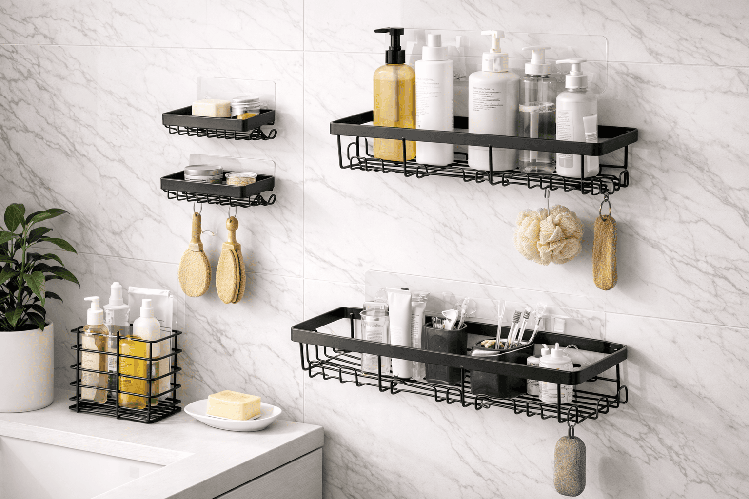 Adhesive Corner Shower Caddy (2-Pack) - Rustproof Stainless Steel Bathroom Organizer - No-Drill Matte Black Shower Shelf for Shampoo, Soap, and Toothbrush - Image 3