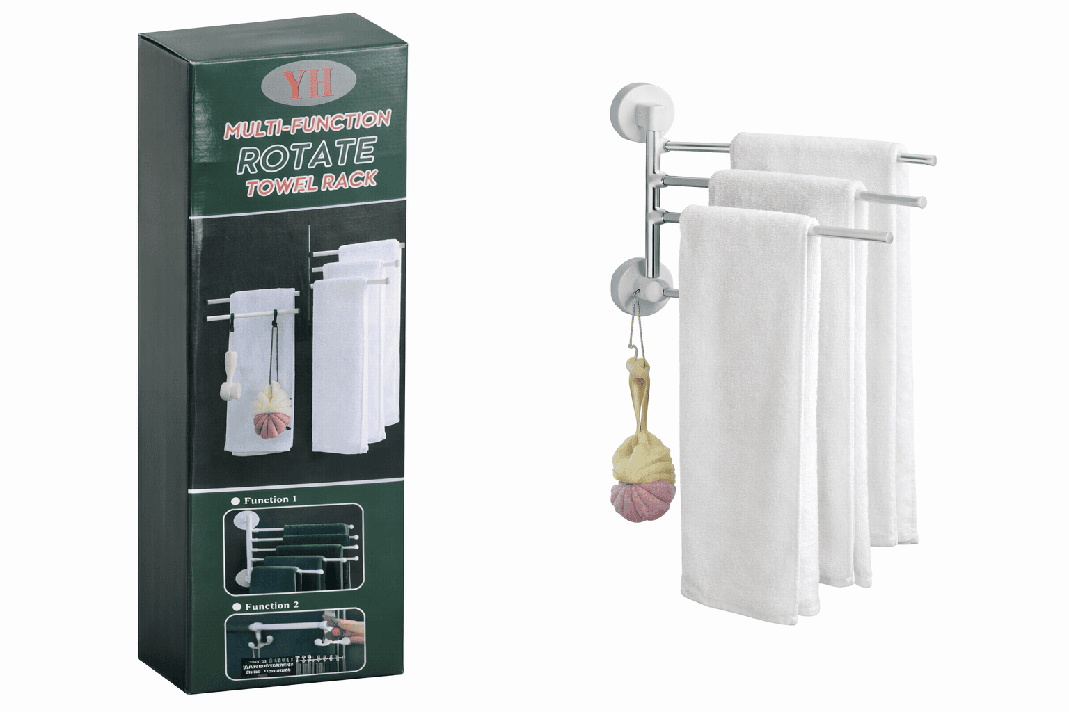 4-Bar Rotating Towel Rack – 180° Swivel Stainless Steel Bathroom Hanger with Integrated Utility Hook - Image 4