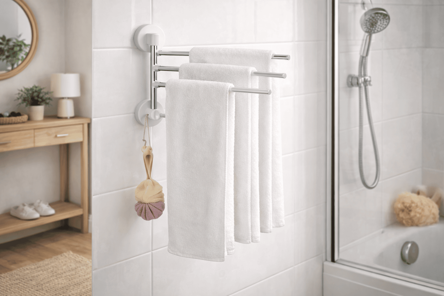 4-Bar Rotating Towel Rack – 180° Swivel Stainless Steel Bathroom Hanger with Integrated Utility Hook - Image 2