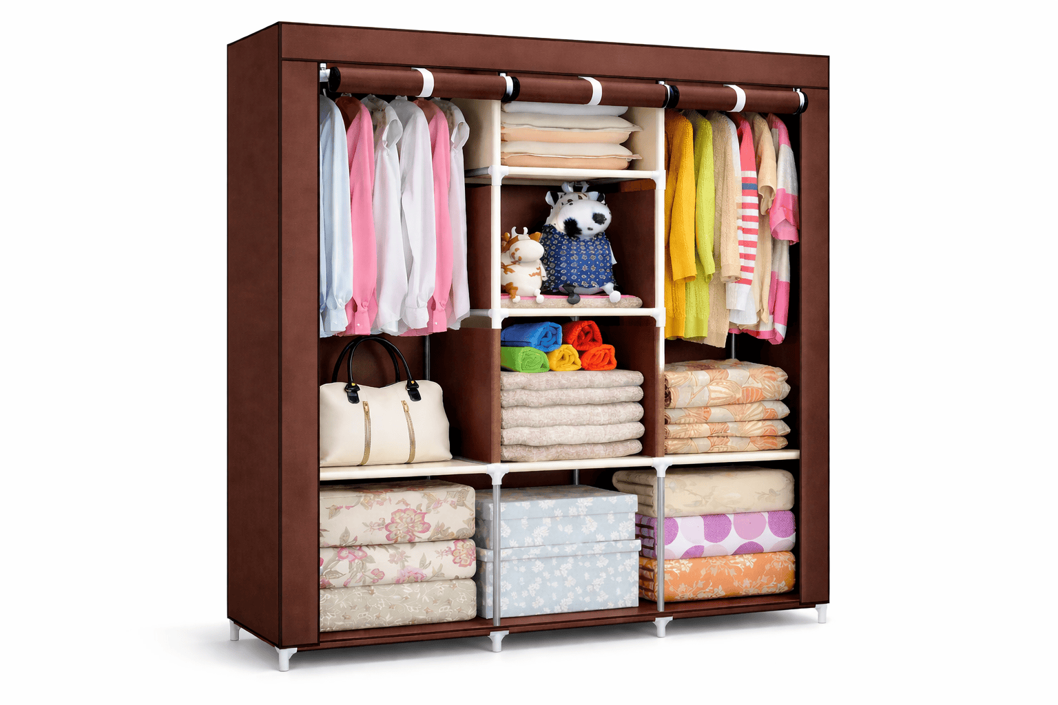 3-Column Portable Wardrobe Closet – Heavy-Duty Fabric Clothes Organizer with 8 Storage Shelves & Dual Hanging Rods - Image 2