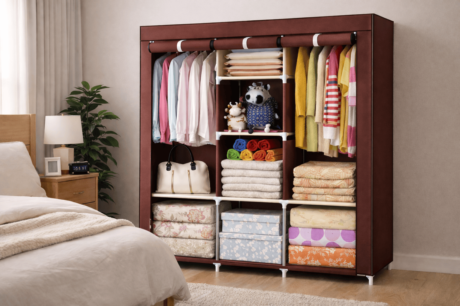 3-Column Portable Wardrobe Closet – Heavy-Duty Fabric Clothes Organizer with 8 Storage Shelves & Dual Hanging Rods - Image 3